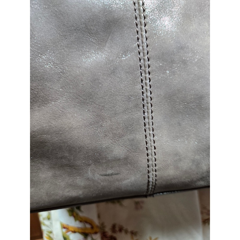 HOBO Taupe Metallic Leather Fringe Satchel Crossbody Velvet Hide Leather Western - Picture 10 of 16